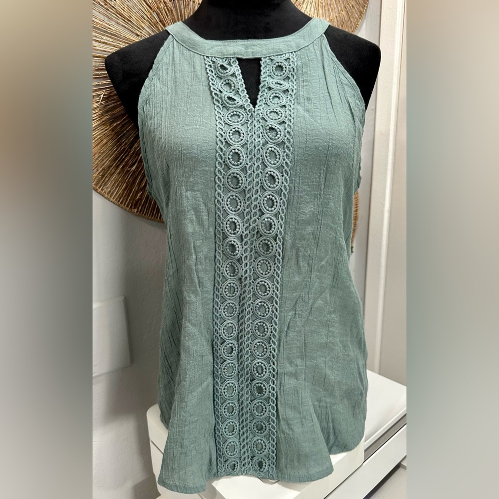 PerSeption Concept Sage Green Crochet-Trim Halter Tank